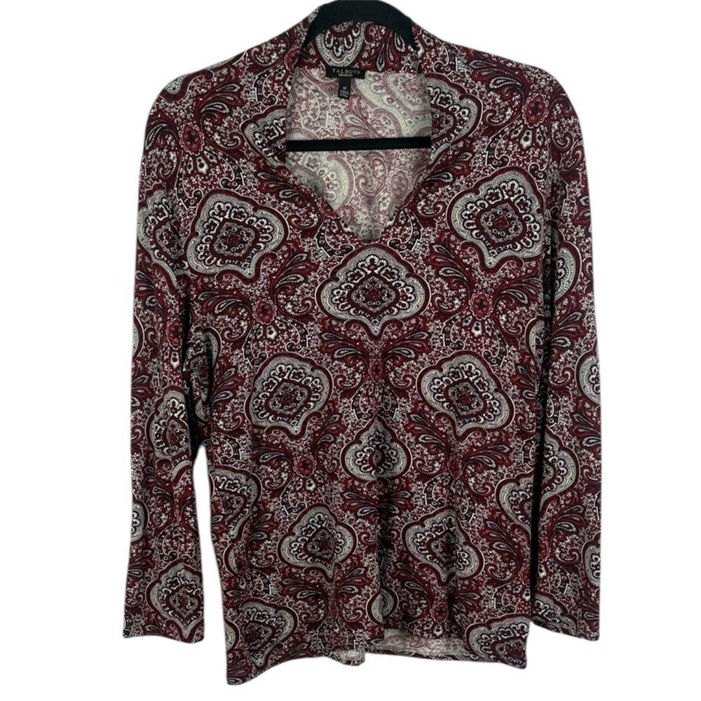 Talbots Burgundy Paisley V-Neck Long Sleeve Top - Size Medium